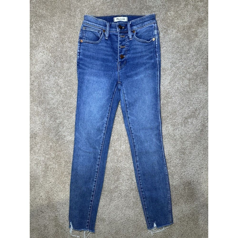 Madewell Jeans, 10" High Rise Skinny, Button Fly, Raw Hem, Stretchy, Blue, 24